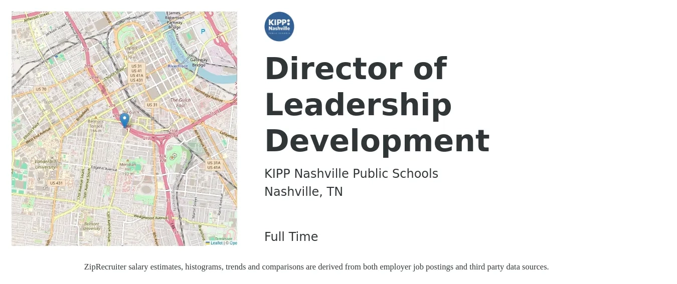 KIPP Nashville Public Schools job posting for a Director of Leadership Development in Nashville, TN with a salary of $71,000 to $73,900 Yearly with a map of Nashville location.