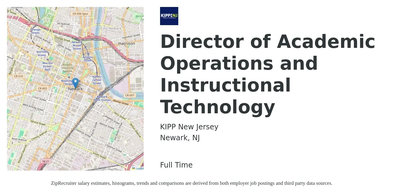 KIPP New Jersey job posting for a Director of Academic Operations and Instructional Technology in Newark, NJ with a salary of $79,500 to $96,700 Yearly with a map of Newark location.