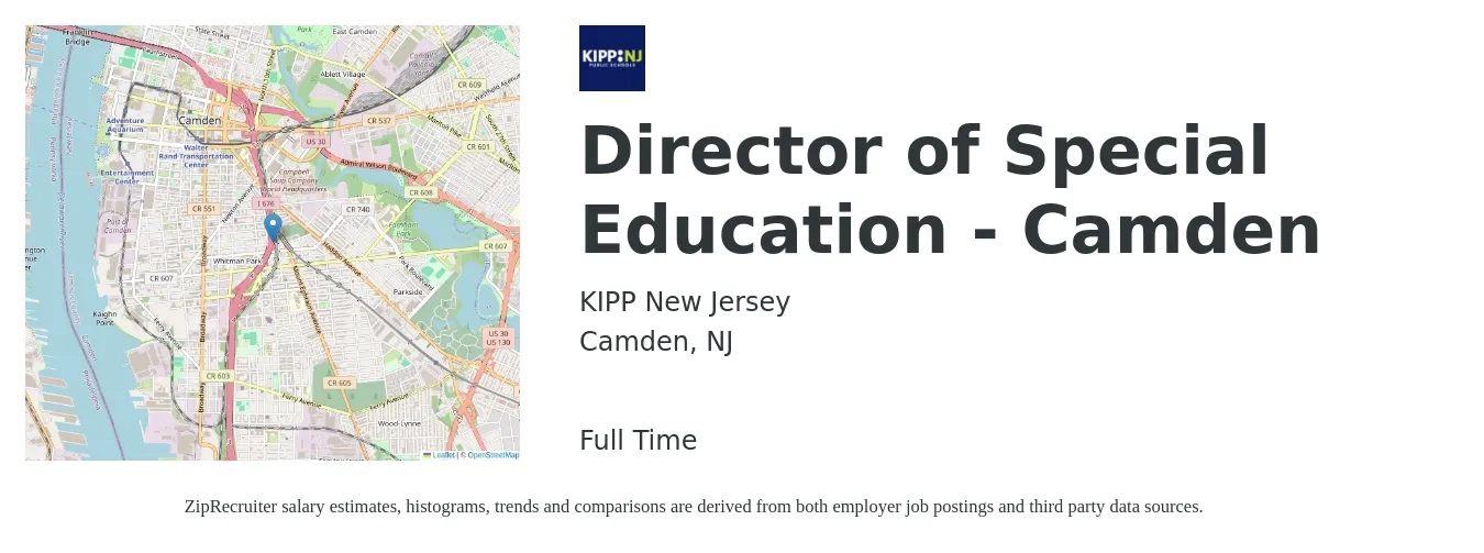 KIPP New Jersey job posting for a Director of Special Education - Camden in Camden, NJ with a salary of $85,800 to $122,600 Yearly with a map of Camden location.
