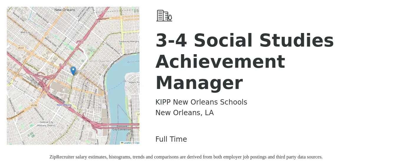 KIPP New Orleans Schools job posting for a 3-4 Social Studies Achievement Manager in New Orleans, LA with a salary of $48,000 to $64,300 Yearly with a map of New Orleans location.