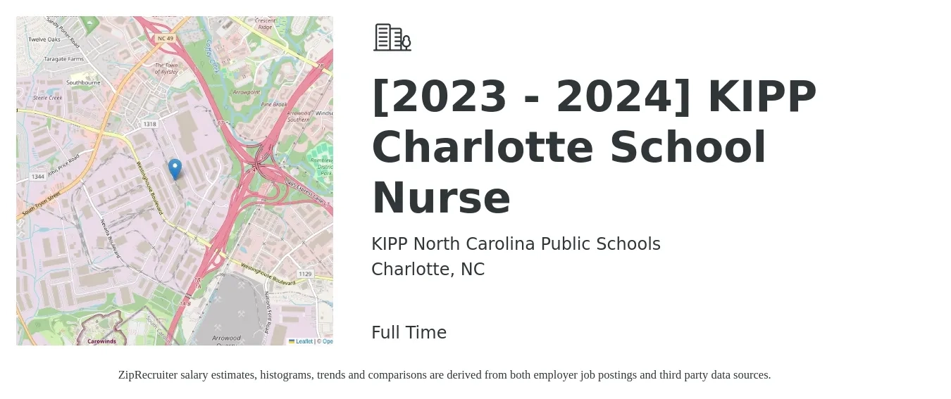 KIPP North Carolina Public Schools job posting for a [2023 - 2024] KIPP Charlotte School Nurse in Charlotte, NC with a salary of $26 to $39 Hourly with a map of Charlotte location.
