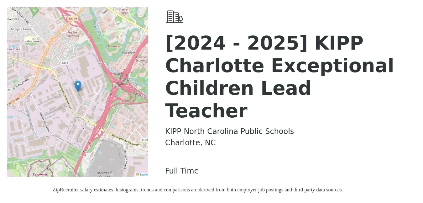KIPP North Carolina Public Schools job posting for a [2024 - 2025] KIPP Charlotte Exceptional Children Lead Teacher in Charlotte, NC with a salary of $15 to $20 Hourly with a map of Charlotte location.