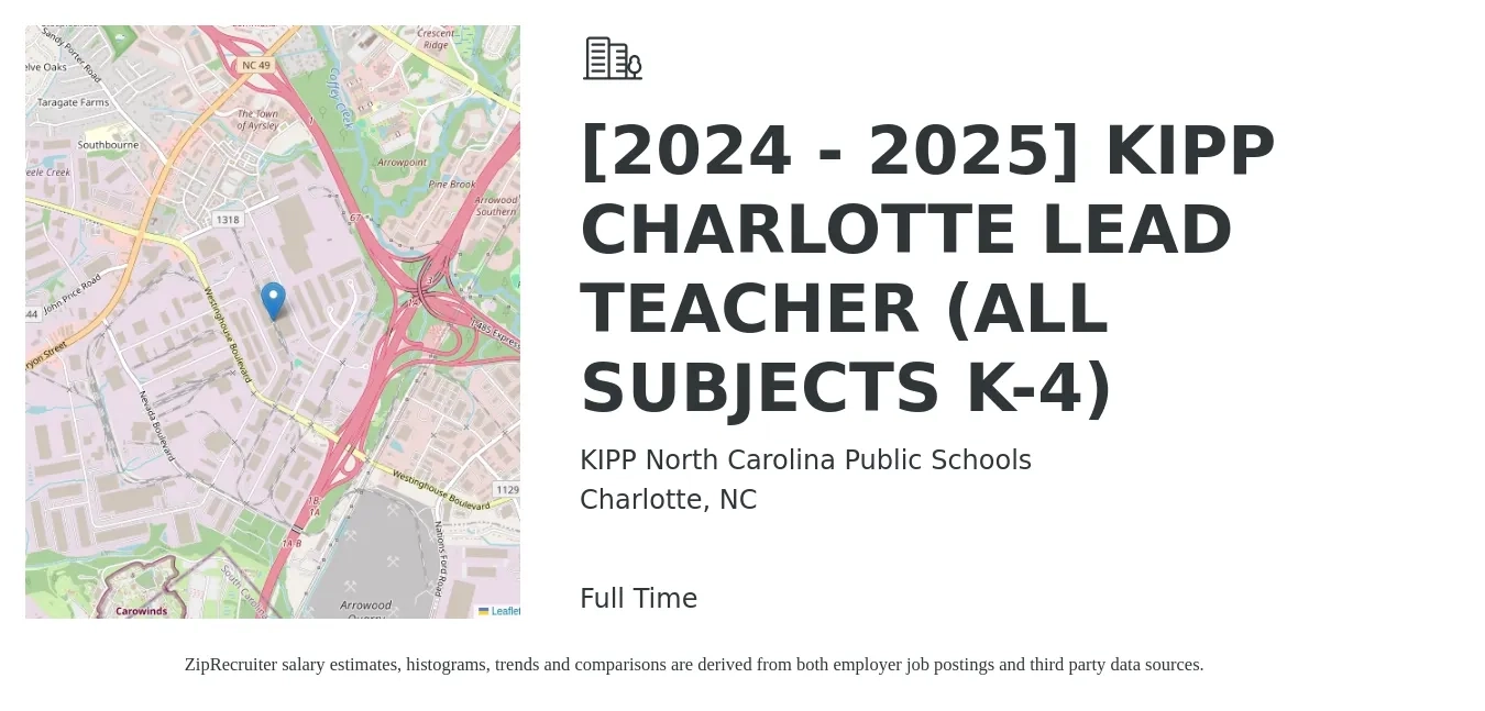 KIPP North Carolina Public Schools job posting for a [2024 - 2025] KIPP CHARLOTTE LEAD TEACHER (ALL SUBJECTS K-4) in Charlotte, NC with a salary of $46,900 to $59,600 Yearly with a map of Charlotte location.