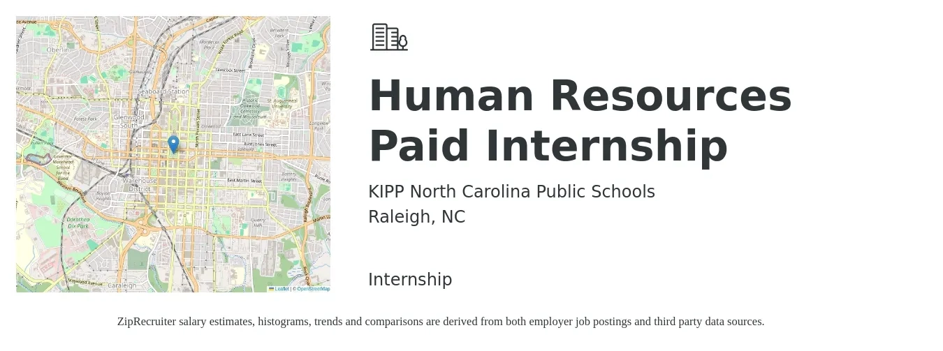 KIPP North Carolina Public Schools job posting for a Human Resources Paid Internship in Raleigh, NC with a salary of $14 to $20 Hourly with a map of Raleigh location.