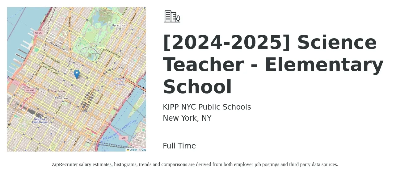 KIPP NYC Public Schools job posting for a [2024-2025] Science Teacher - Elementary School in New York, NY with a salary of $69,440 Yearly with a map of New York location.