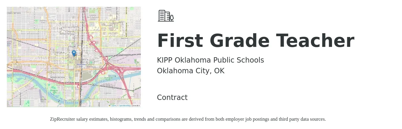 KIPP Oklahoma Public Schools job posting for a First Grade Teacher in Oklahoma City, OK with a salary of $44,100 to $55,700 Yearly with a map of Oklahoma City location.