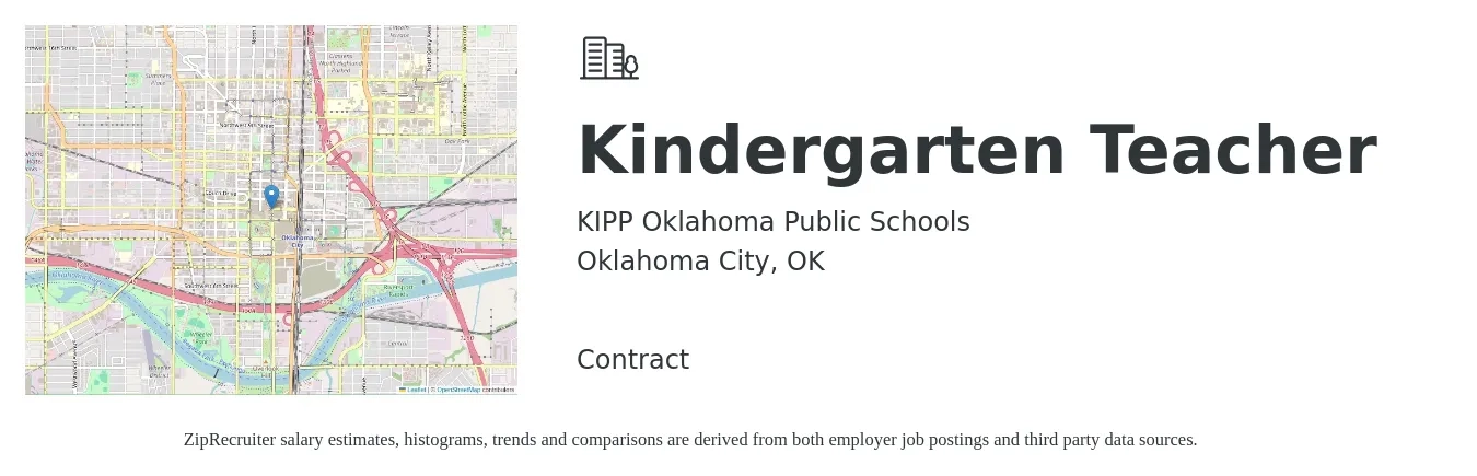KIPP Oklahoma Public Schools job posting for a Kindergarten Teacher in Oklahoma City, OK with a salary of $32,000 to $49,700 Yearly with a map of Oklahoma City location.