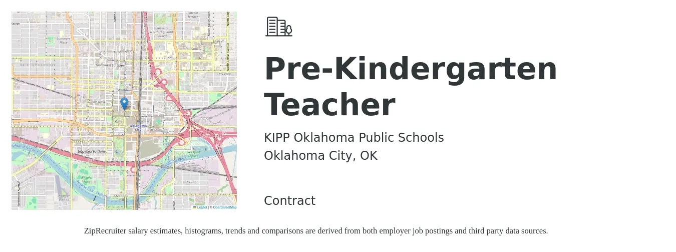 KIPP Oklahoma Public Schools job posting for a Pre-Kindergarten Teacher in Oklahoma City, OK with a salary of $32,000 to $49,700 Yearly with a map of Oklahoma City location.