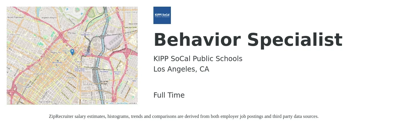 KIPP SoCal Public Schools job posting for a Behavior Specialist in Los Angeles, CA with a salary of $21 to $29 Hourly with a map of Los Angeles location.