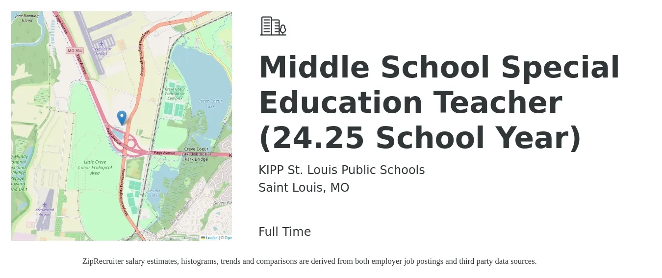 KIPP St. Louis Public Schools job posting for a Middle School Special Education Teacher (24.25 School Year) in Saint Louis, MO with a salary of $47,200 to $59,300 Yearly with a map of Saint Louis location.