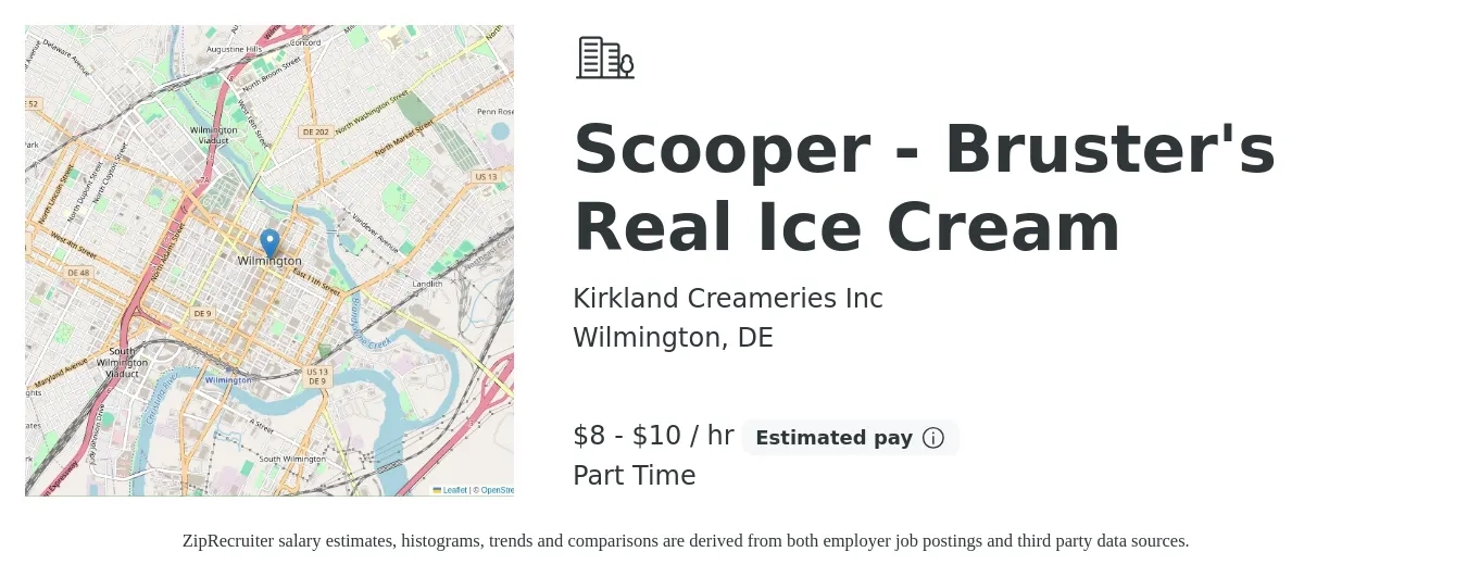 Kirkland Creameries Inc job posting for a Scooper - Bruster's Real Ice Cream in Wilmington, DE with a salary of $9 to $10 Hourly with a map of Wilmington location.