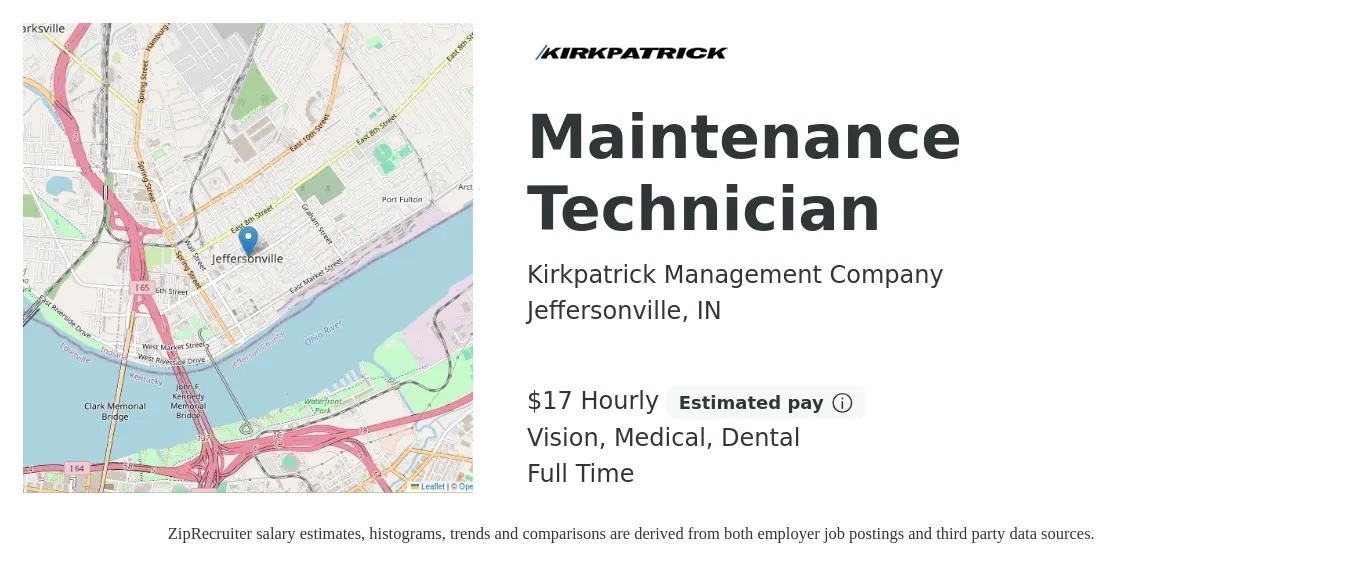 Kirkpatrick Management Company job posting for a Maintenance Technician in Jeffersonville, IN with a salary of $18 Hourly and benefits including dental, life_insurance, medical, pto, retirement, and vision with a map of Jeffersonville location.