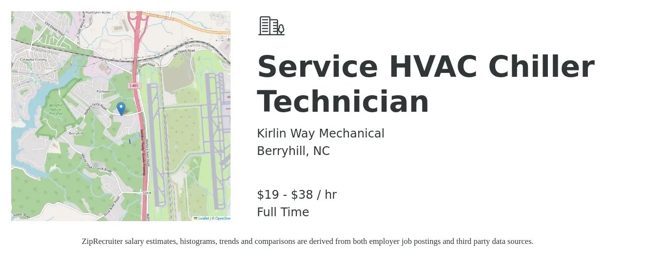 Kirlin Way Mechanical job posting for a Service HVAC Chiller Technician in Berryhill, NC with a salary of $20 to $40 Hourly with a map of Berryhill location.