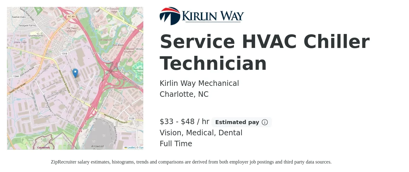 Kirlin Way Mechanical job posting for a Service HVAC Chiller Technician in Charlotte, NC with a salary of $35 to $50 Hourly and benefits including medical, pto, retirement, vision, dental, and life_insurance with a map of Charlotte location.