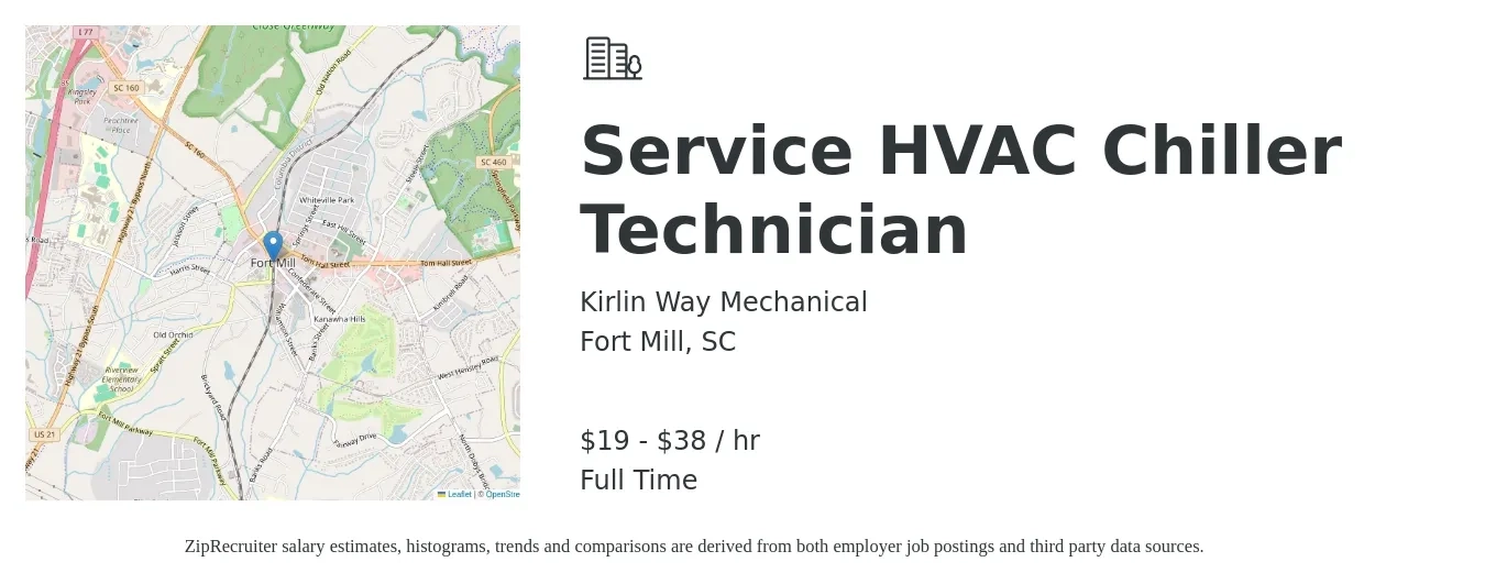 Kirlin Way Mechanical job posting for a Service HVAC Chiller Technician in Fort Mill, SC with a salary of $20 to $40 Hourly with a map of Fort Mill location.