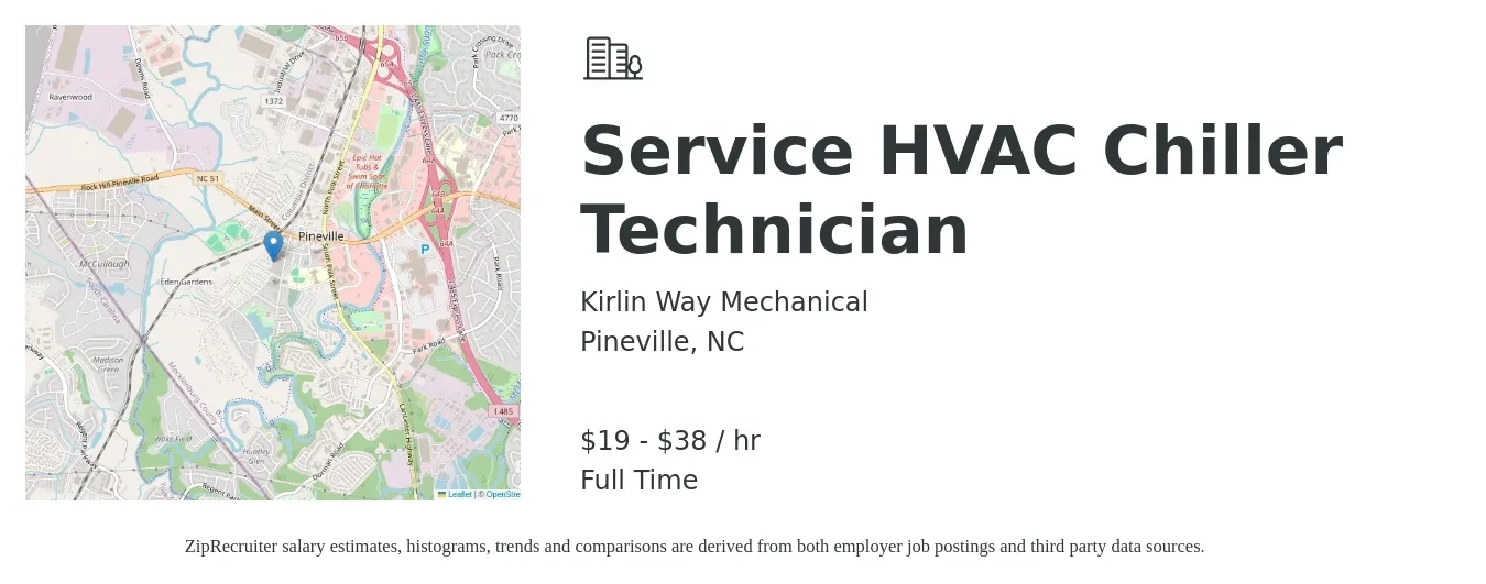 Kirlin Way Mechanical job posting for a Service HVAC Chiller Technician in Pineville, NC with a salary of $20 to $40 Hourly with a map of Pineville location.