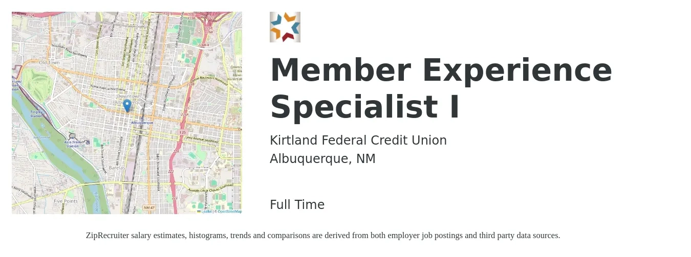 Kirtland Federal Credit Union job posting for a Member Experience Specialist I in Albuquerque, NM with a map of Albuquerque location.