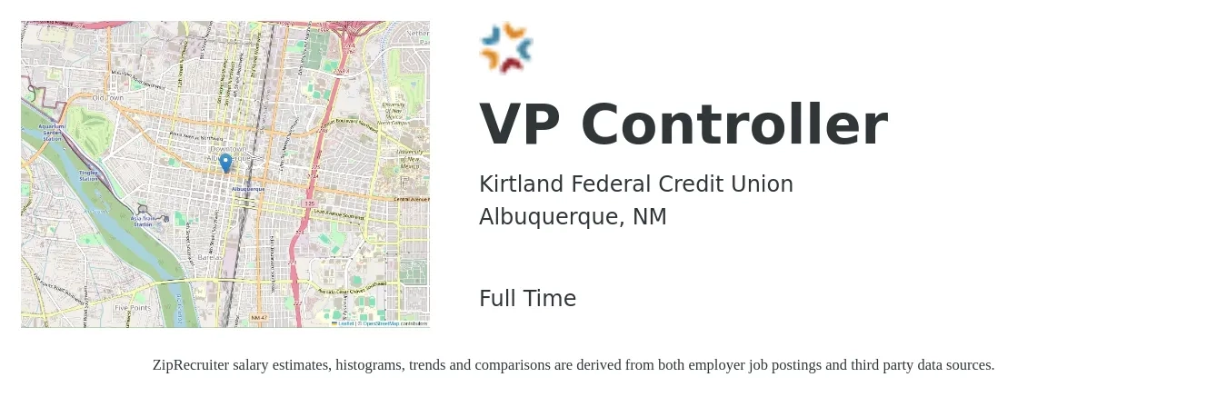 Kirtland Federal Credit Union job posting for a VP Controller in Albuquerque, NM with a salary of $130,900 to $190,400 Yearly with a map of Albuquerque location.