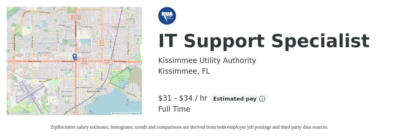 Kissimmee Utility Authority job posting for a IT Support Specialist in Kissimmee, FL with a salary of $41,100 to $83,100 Yearly with a map of Kissimmee location.
