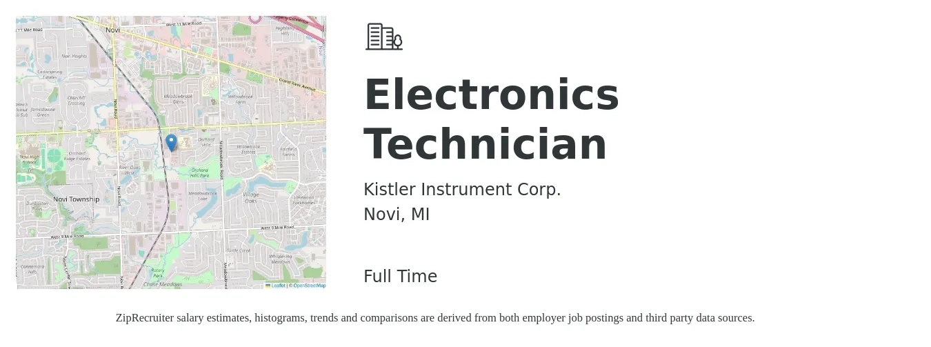 Kistler Instrument Corp. job posting for a Electronics Technician in Novi, MI with a salary of $43,300 to $66,000 Yearly with a map of Novi location.