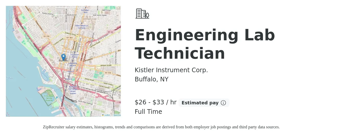 Kistler Instrument Corp. job posting for a Engineering Lab Technician in Buffalo, NY with a salary of $28 to $35 Hourly with a map of Buffalo location.
