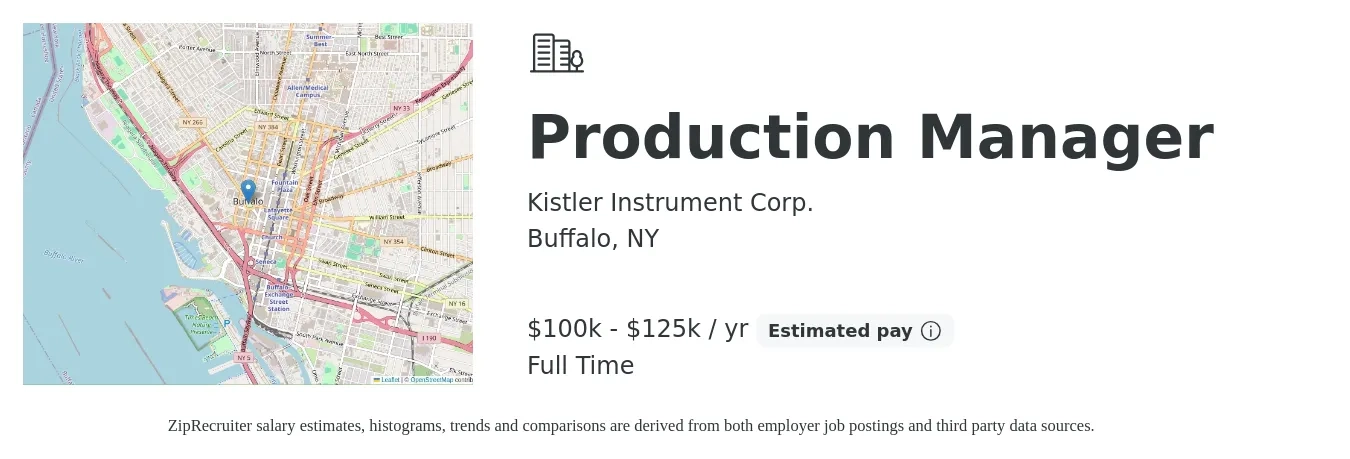 Kistler Instrument Corp. job posting for a Production Manager in Buffalo, NY with a salary of $100,000 to $125,000 Yearly with a map of Buffalo location.