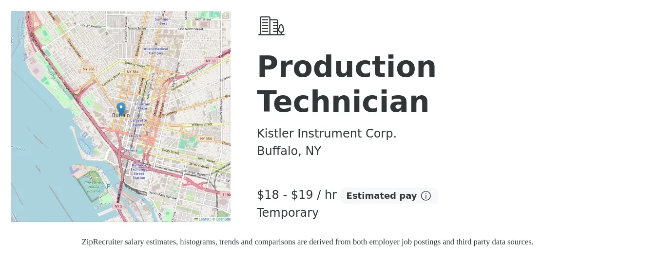 Kistler Instrument Corp. job posting for a Production Technician in Buffalo, NY with a salary of $19 to $20 Hourly with a map of Buffalo location.