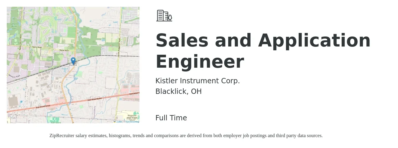 Kistler Instrument Corp. job posting for a Sales and Application Engineer in Blacklick, OH with a salary of $100,500 to $124,200 Yearly with a map of Blacklick location.