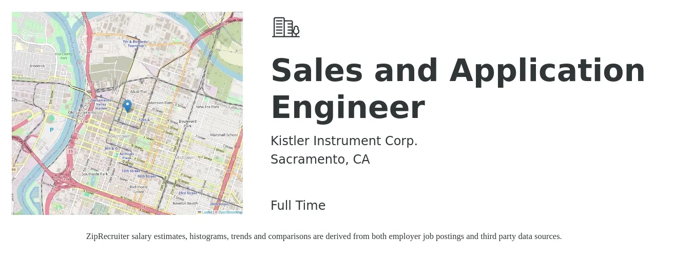 Kistler Instrument Corp. job posting for a Sales and Application Engineer in Sacramento, CA with a salary of $110,900 to $137,000 Yearly with a map of Sacramento location.