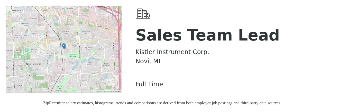Kistler Instrument Corp. job posting for a Sales Team Lead in Novi, MI with a salary of $14 to $24 Hourly with a map of Novi location.