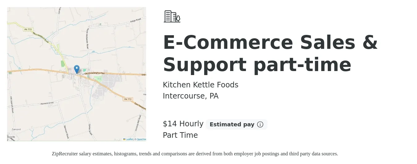 Kitchen Kettle Foods job posting for a E-Commerce Sales & Support part-time in Intercourse, PA with a salary of $15 Hourly with a map of Intercourse location.