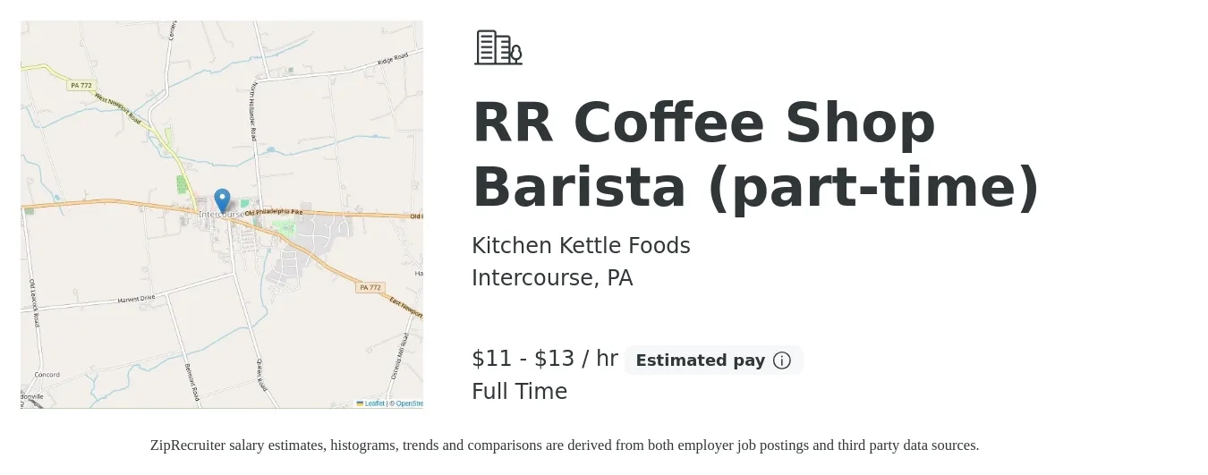 Kitchen Kettle Foods job posting for a RR Coffee Shop Barista (part-time) in Intercourse, PA with a salary of $12 to $14 Hourly with a map of Intercourse location.