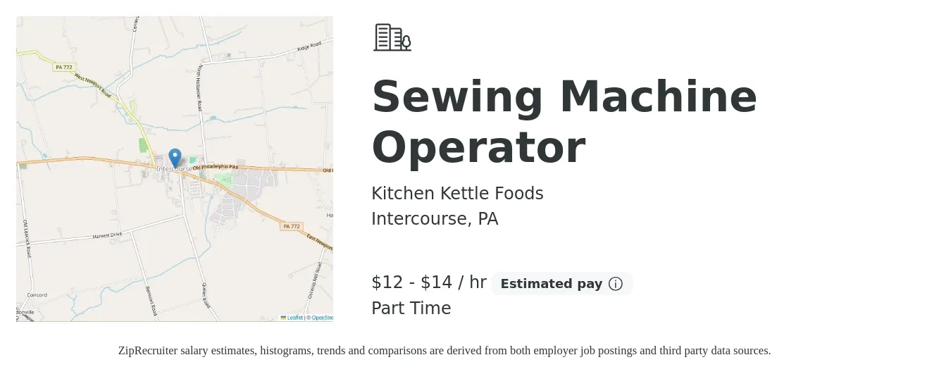 Kitchen Kettle Foods job posting for a Sewing Machine Operator in Intercourse, PA with a salary of $13 to $15 Hourly with a map of Intercourse location.