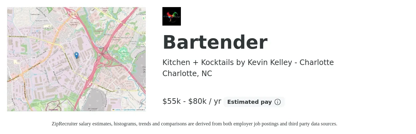 Kitchen + Kocktails by Kevin Kelley - Charlotte job posting for a Bartender in Charlotte, NC with a salary of $55,000 to $80,000 Yearly (plus commission) with a map of Charlotte location.