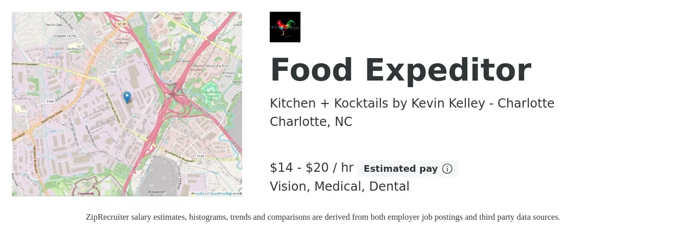 Kitchen + Kocktails by Kevin Kelley - Charlotte job posting for a Food Expeditor in Charlotte, NC with a salary of $15 to $21 Hourly and benefits including vision, dental, and medical with a map of Charlotte location.
