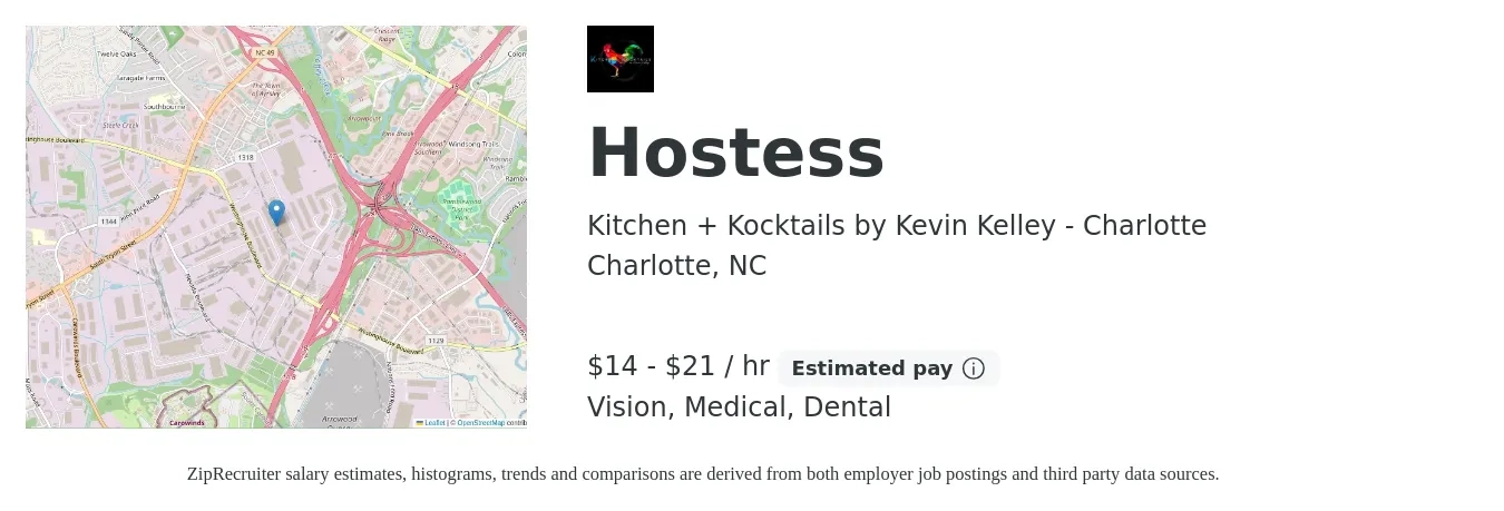 Kitchen + Kocktails by Kevin Kelley - Charlotte job posting for a Hostess in Charlotte, NC with a salary of $15 to $22 Hourly and benefits including dental, medical, and vision with a map of Charlotte location.