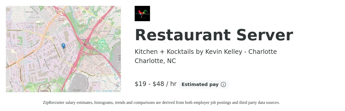 Kitchen + Kocktails by Kevin Kelley - Charlotte job posting for a Restaurant Server in Charlotte, NC with a salary of $20 to $50 Hourly (plus commission) with a map of Charlotte location.