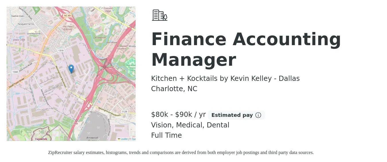 Kitchen + Kocktails by Kevin Kelley - Dallas job posting for a Finance Accounting Manager in Charlotte, NC with a salary of $80,000 to $90,000 Yearly and benefits including vision, dental, and medical with a map of Charlotte location.