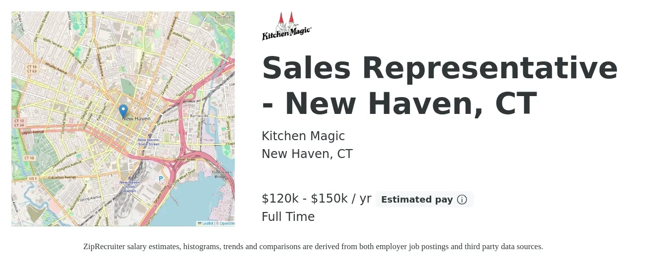 Kitchen Magic job posting for a Sales Representative - New Haven, CT in New Haven, CT with a salary of $120,000 to $150,000 Yearly with a map of New Haven location.