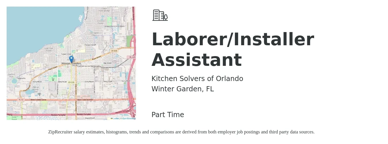 Kitchen Solvers of Orlando job posting for a Laborer/Installer Assistant in Winter Garden, FL with a salary of $14 to $18 Hourly with a map of Winter Garden location.