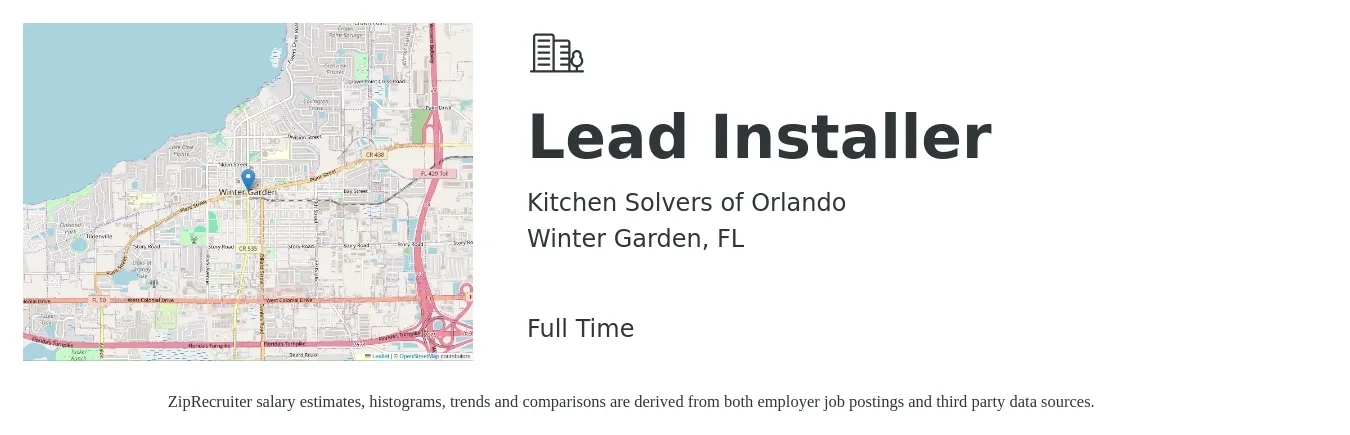 Kitchen Solvers of Orlando job posting for a Lead Installer in Winter Garden, FL with a salary of $21 to $28 Hourly with a map of Winter Garden location.