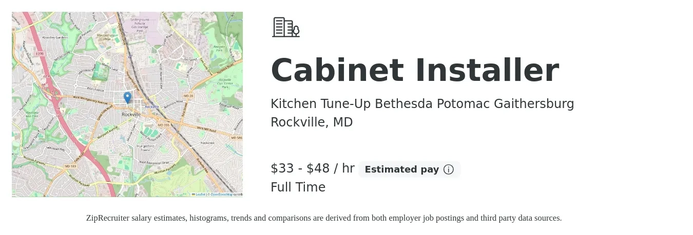 Kitchen Tune-Up Bethesda Potomac Gaithersburg job posting for a Cabinet Installer in Rockville, MD with a salary of $35 to $50 Hourly with a map of Rockville location.