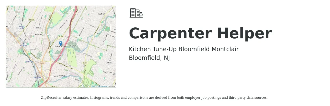 Kitchen Tune-Up Bloomfield Montclair job posting for a Carpenter Helper in Bloomfield, NJ with a salary of $14 to $18 Hourly with a map of Bloomfield location.