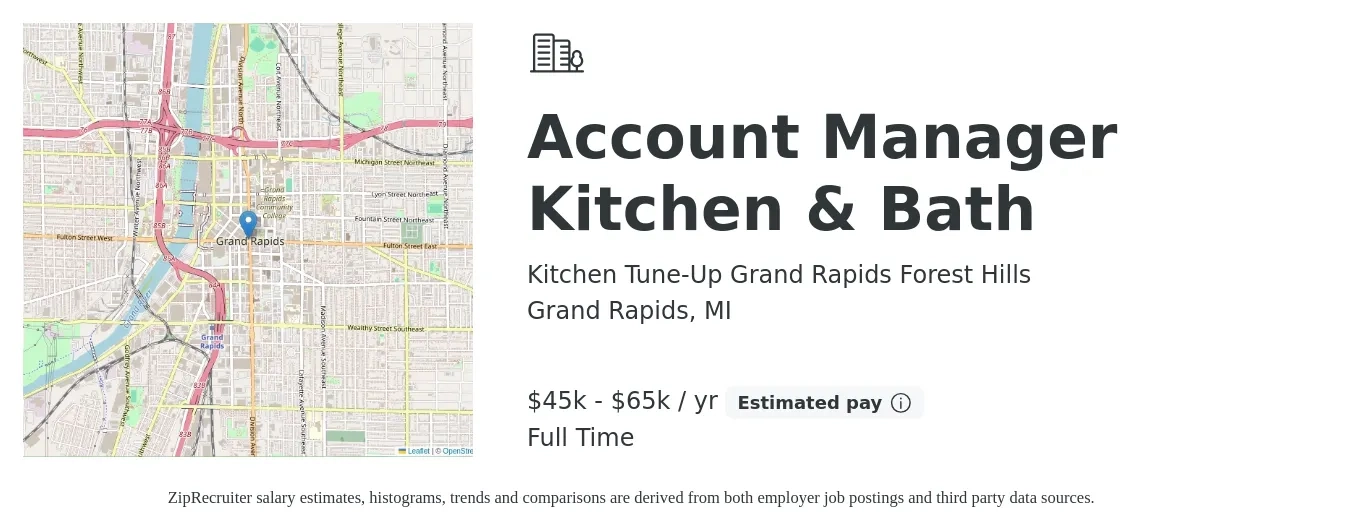 Kitchen Tune-Up Grand Rapids Forest Hills job posting for a Account Manager Kitchen & Bath in Grand Rapids, MI with a salary of $45,000 to $65,000 Yearly with a map of Grand Rapids location.