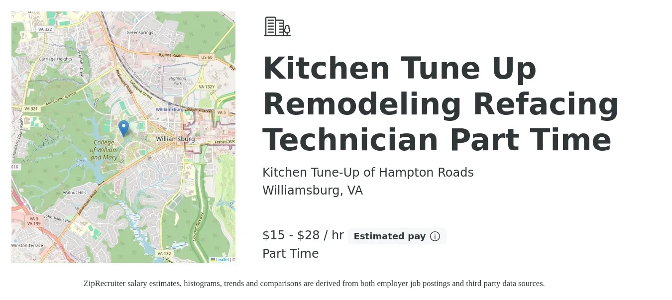 Kitchen Tune-Up of Hampton Roads job posting for a Kitchen Tune Up Remodeling Refacing Technician Part Time in Williamsburg, VA with a salary of $16 to $30 Hourly with a map of Williamsburg location.