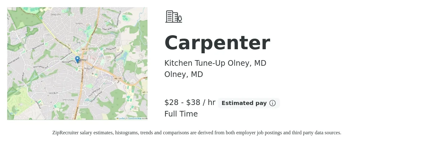Kitchen Tune-Up Olney, MD job posting for a Carpenter in Olney, MD with a salary of $22 to $30 Hourly with a map of Olney location.