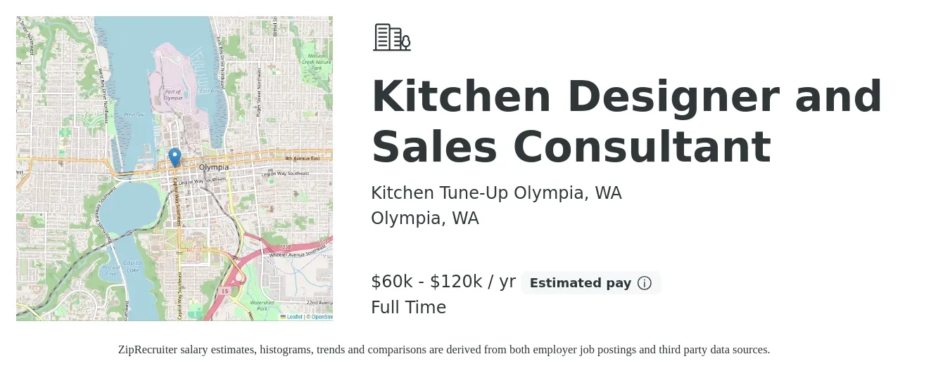 Kitchen Tune-Up Olympia, WA job posting for a Kitchen Designer and Sales Consultant in Olympia, WA with a salary of $60,000 to $120,000 Yearly with a map of Olympia location.