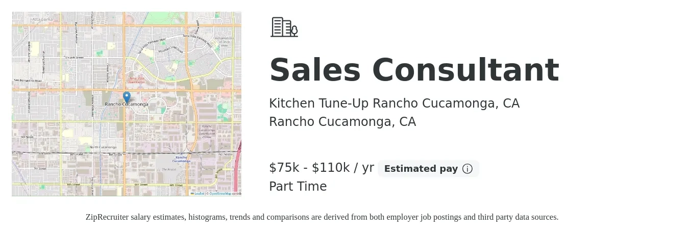 Kitchen Tune-Up Rancho Cucamonga, CA job posting for a Sales Consultant in Rancho Cucamonga, CA with a salary of $75,000 to $110,000 Yearly with a map of Rancho Cucamonga location.