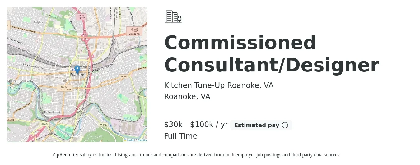 Kitchen Tune-Up Roanoke, VA job posting for a Commissioned Consultant/Designer in Roanoke, VA with a salary of $30,000 to $100,000 Yearly with a map of Roanoke location.