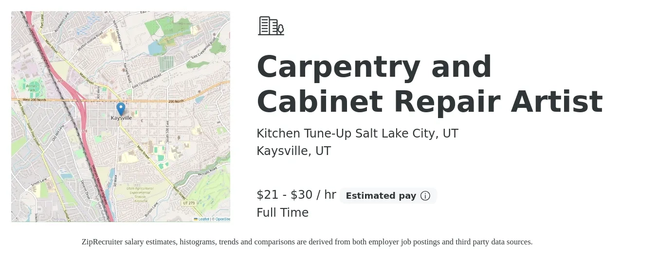 Kitchen Tune-Up Salt Lake City, UT job posting for a Carpentry and Cabinet Repair Artist in Kaysville, UT with a salary of $22 to $32 Hourly with a map of Kaysville location.